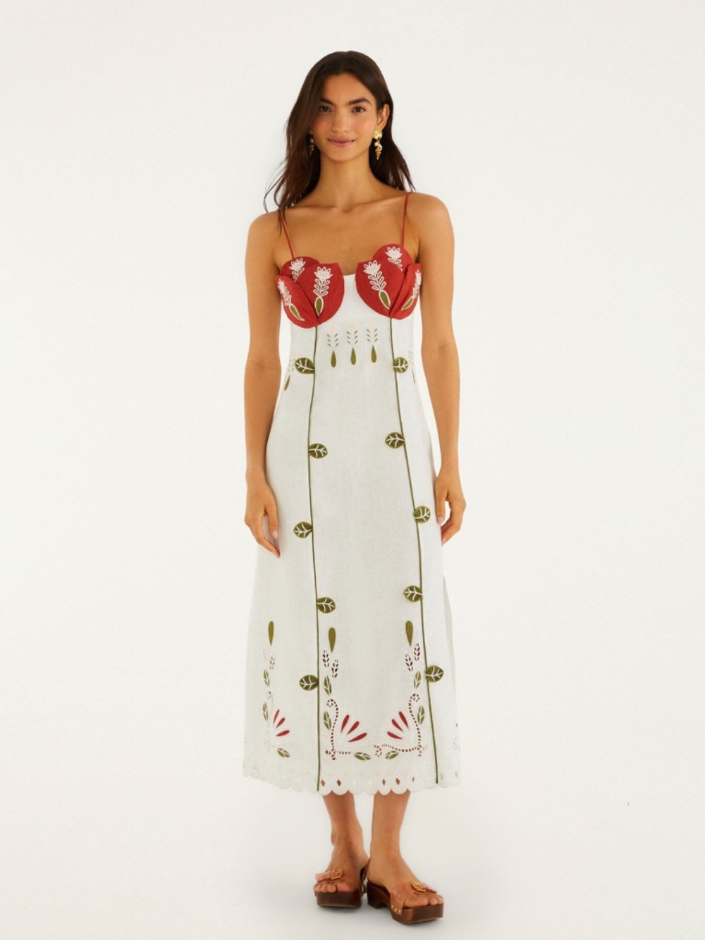 Farm Rio Off-White Tulip Richelieu Embroidered Linen Midi Dress S NWT